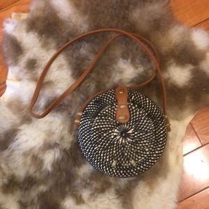 Navy and natural raffia circle crossbody bag